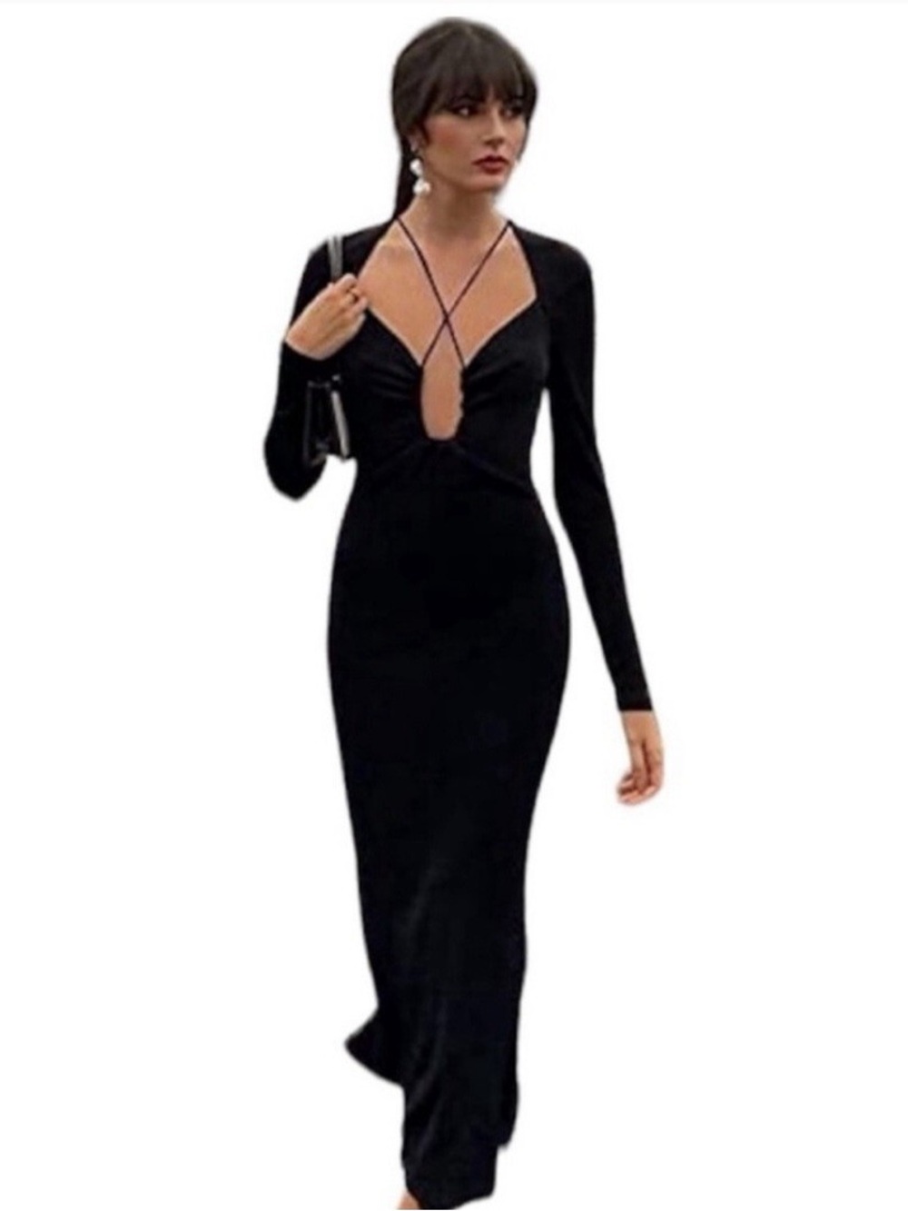 Jason Wu Black Long Sleeve V-Neck Maxi Dress Cocktail Party Slinky Size S